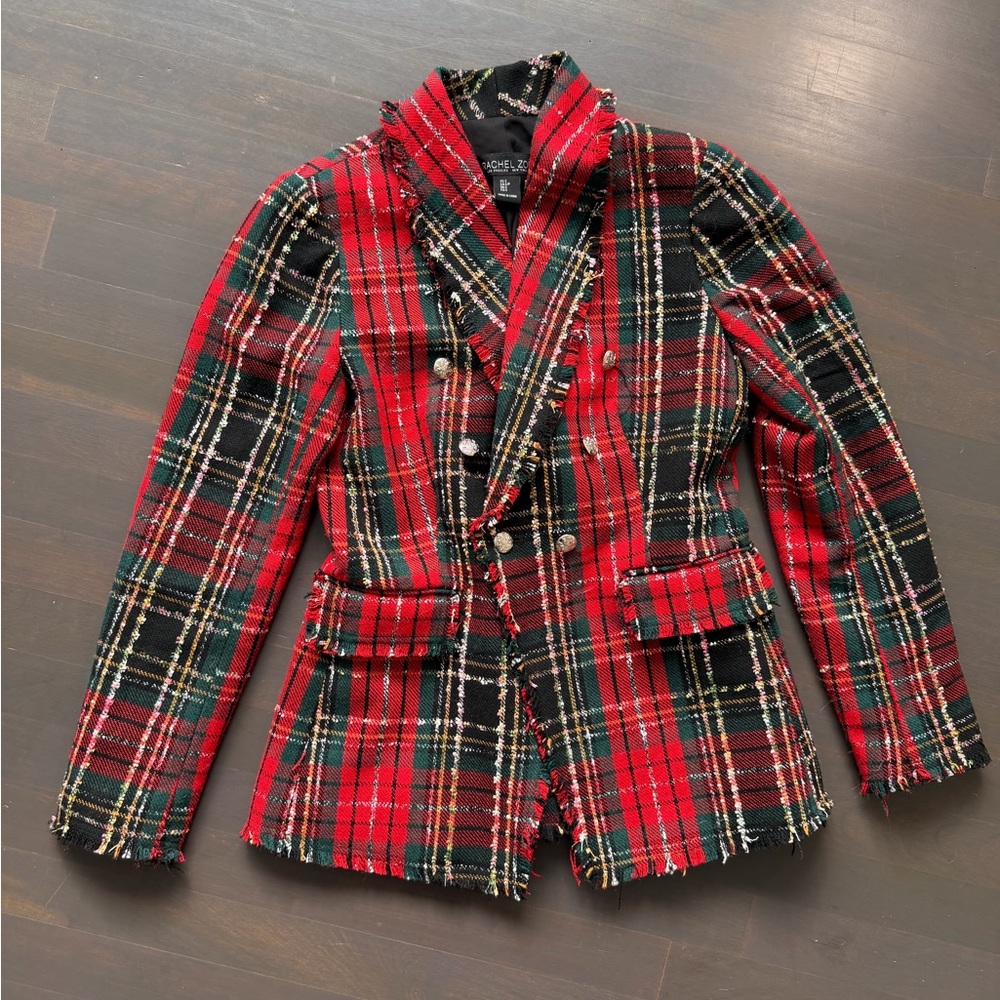 Rachel Zoe Tweed Plaid Red Black Jacket size small